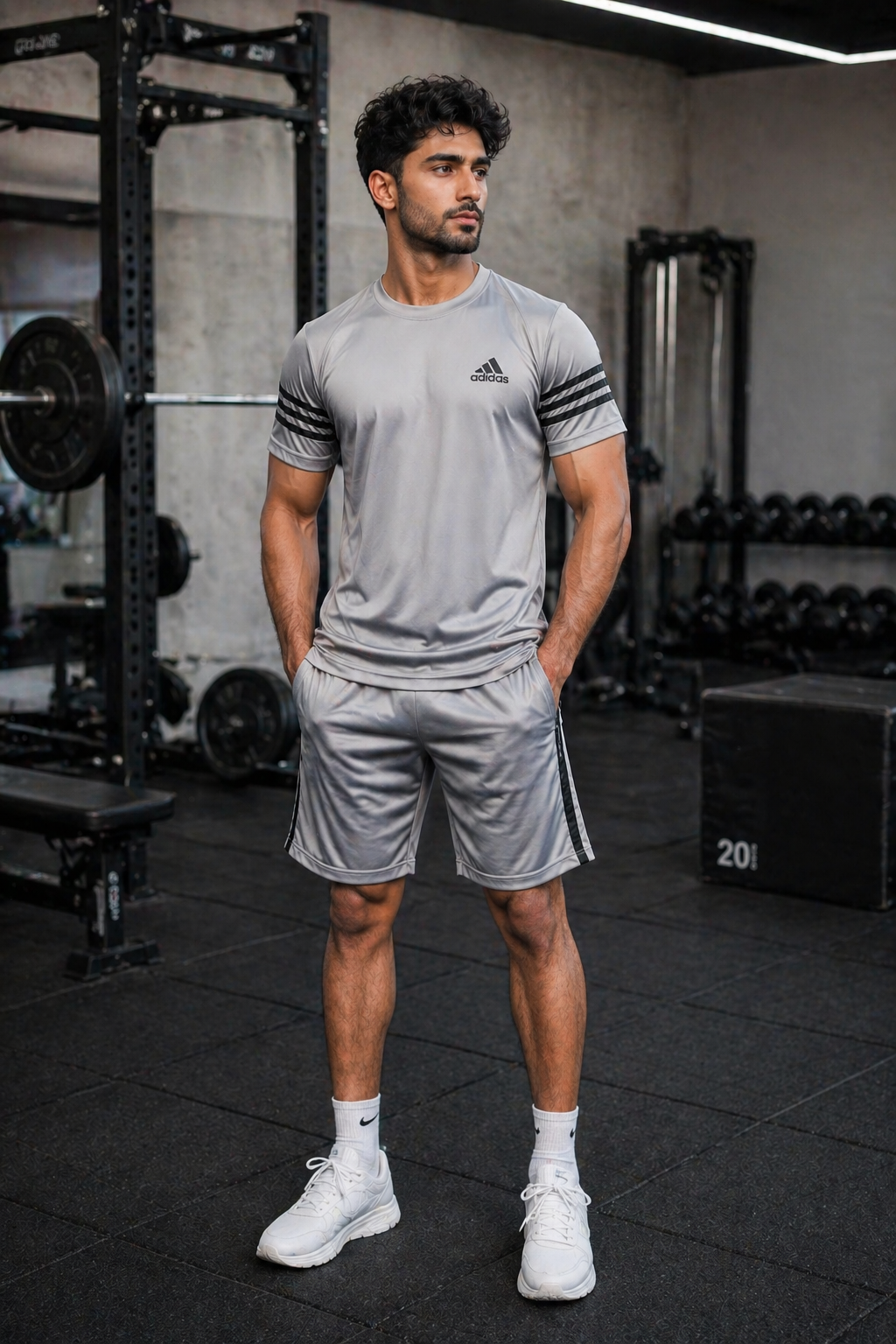 Men's Grey Black Stripe Dry Fit T-Shirt & Shorts Set