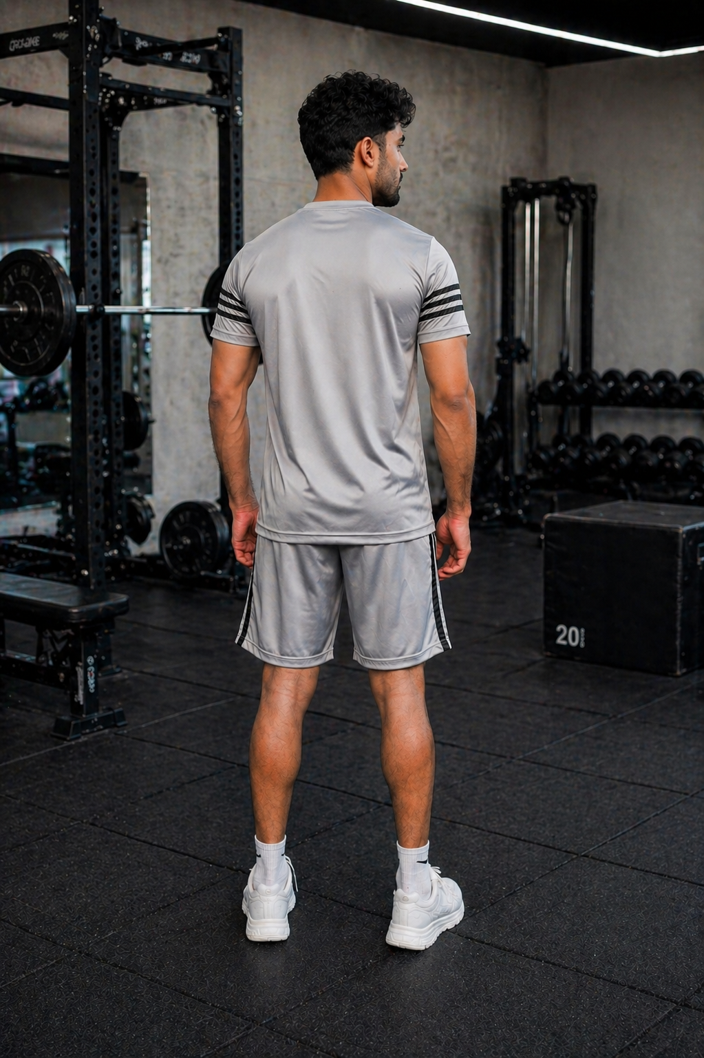 Men's Grey Black Stripe Dry Fit T-Shirt & Shorts Set