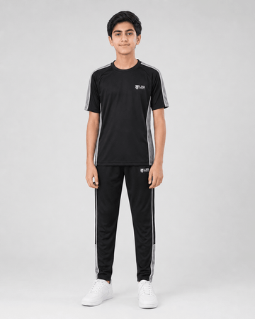 Black Interlock Sports Tracksuit for Kids