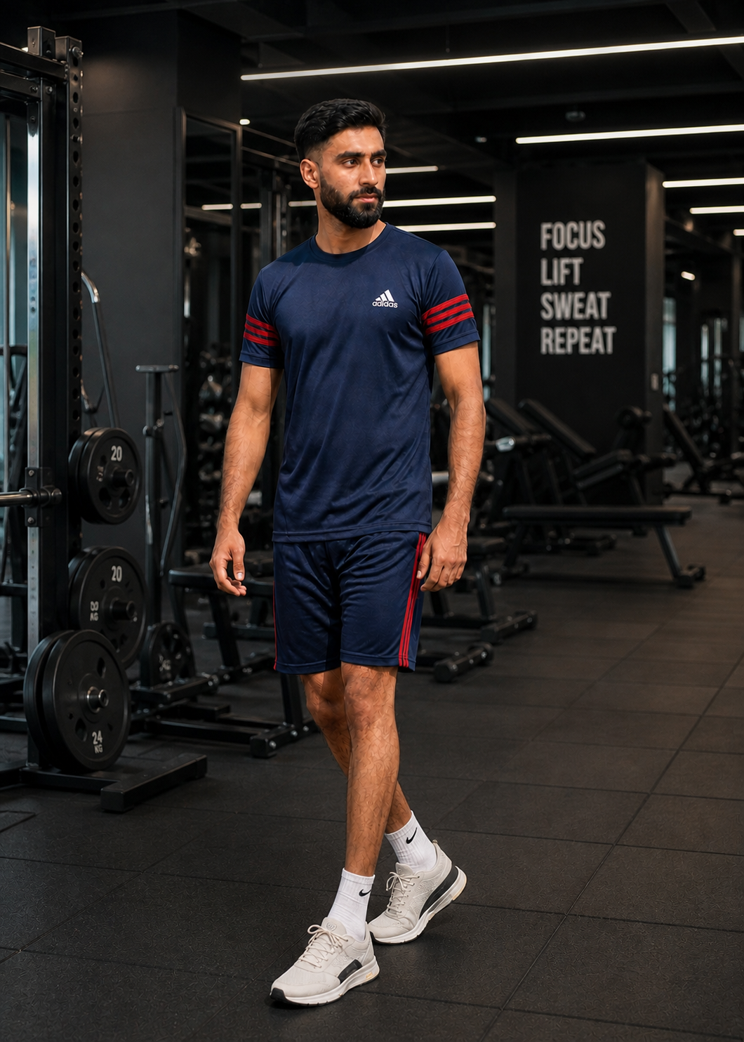 Men's Navy Red Stripe Dry Fit Set | Summer T-Shirt & Shorts Activewear