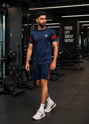 Men's Navy Red Stripe Dry Fit Set | Summer T-Shirt & Shorts Activewear