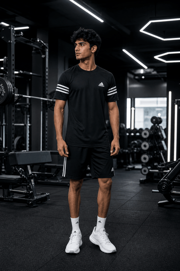 Men's Black White Stripe Dry Fit T-Shirt & Shorts Set
