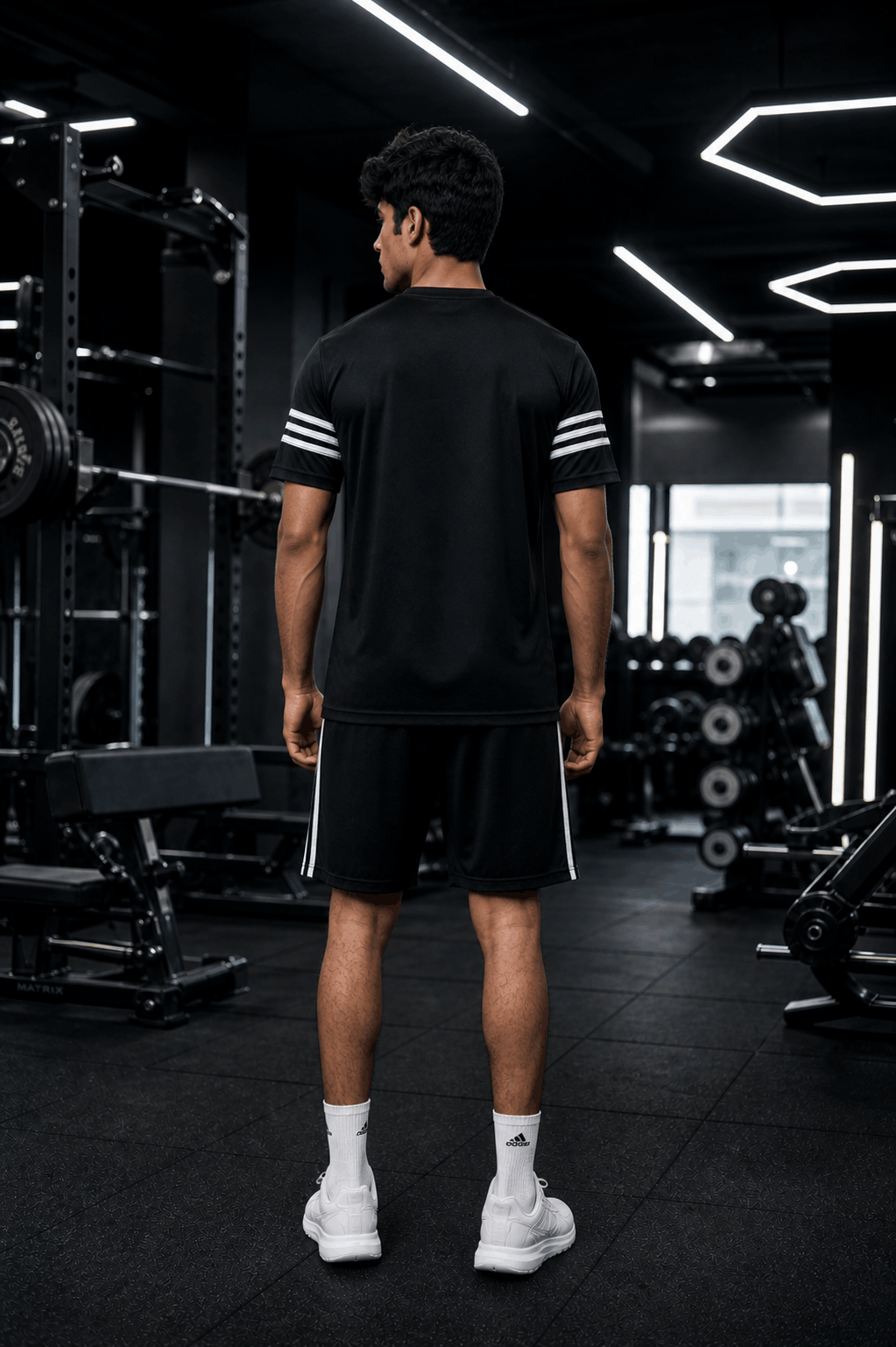 Men's Black White Stripe Dry Fit T-Shirt & Shorts Set