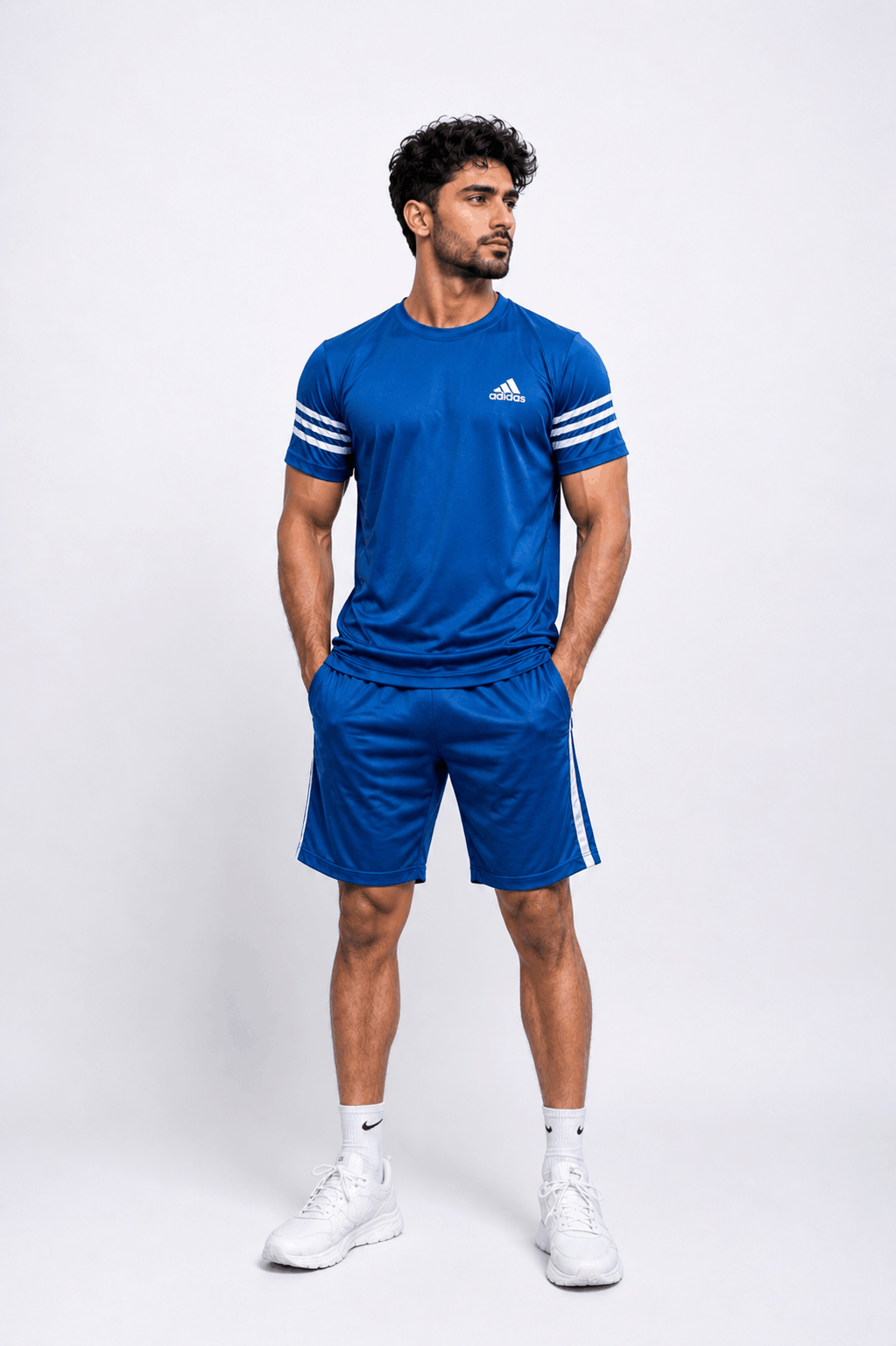 Men's Zinc White Stripe Dry Fit T-Shirt & Shorts Set