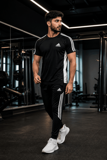 Men's Black White Dry Fit Tracksuit — T-Shirt & Trouser Set