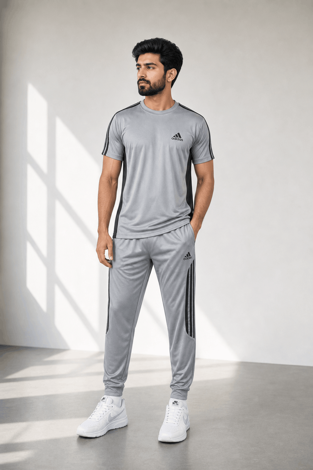 Men's Grey Black Dry Fit Tracksuit — T-Shirt & Trouser Set