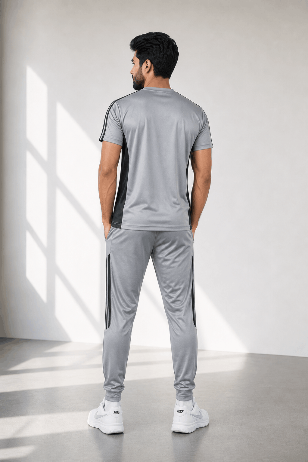 Men's Grey Black Dry Fit Tracksuit — T-Shirt & Trouser Set