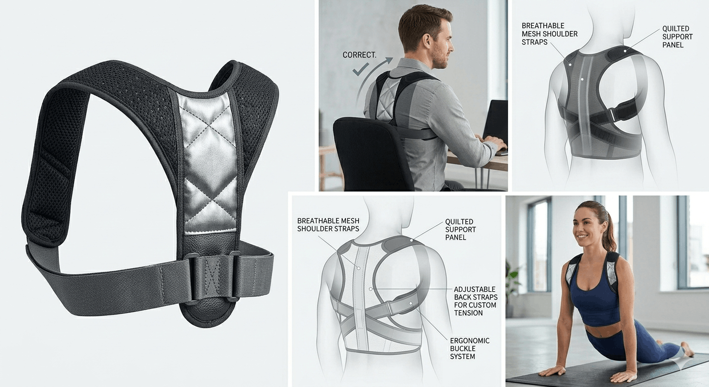 Posture corrector with features and usage scenarios on a white background