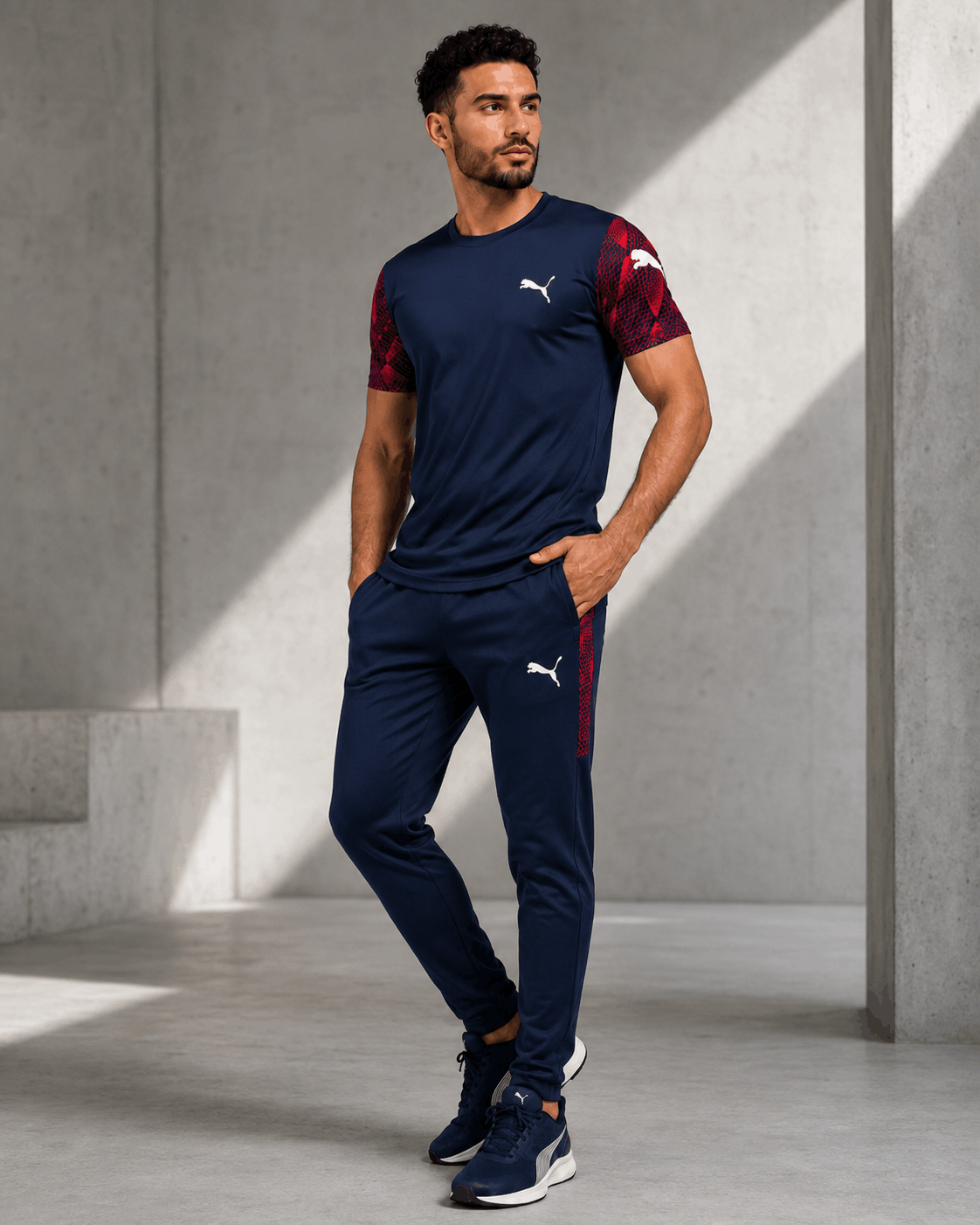 Man wearing navy blue tracksuit with red mesh sleeves, full outfit view
