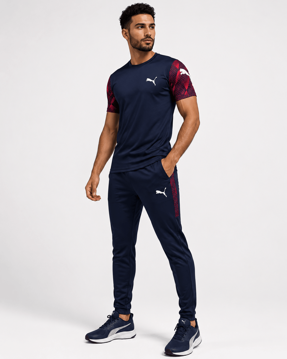 Navy blue interlock tracksuit for men with red mesh sublimation half sleeves