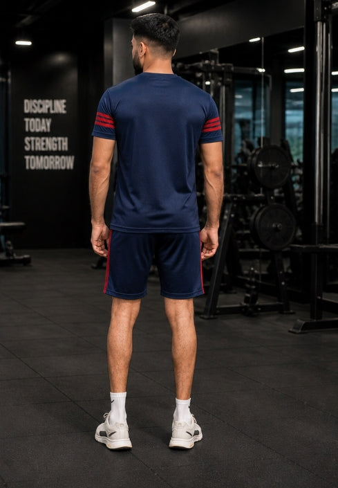 Men's Navy Red Stripe Dry Fit T-Shirt & Shorts Set