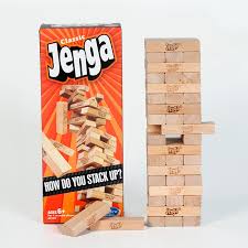 Jenga game set with packaging on a white background